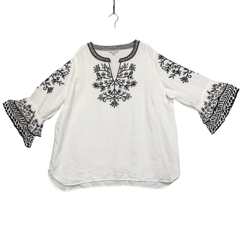 John Mark Blouse Women 0X White Black Embroidered Linen Bell Sleeve Boho Top
